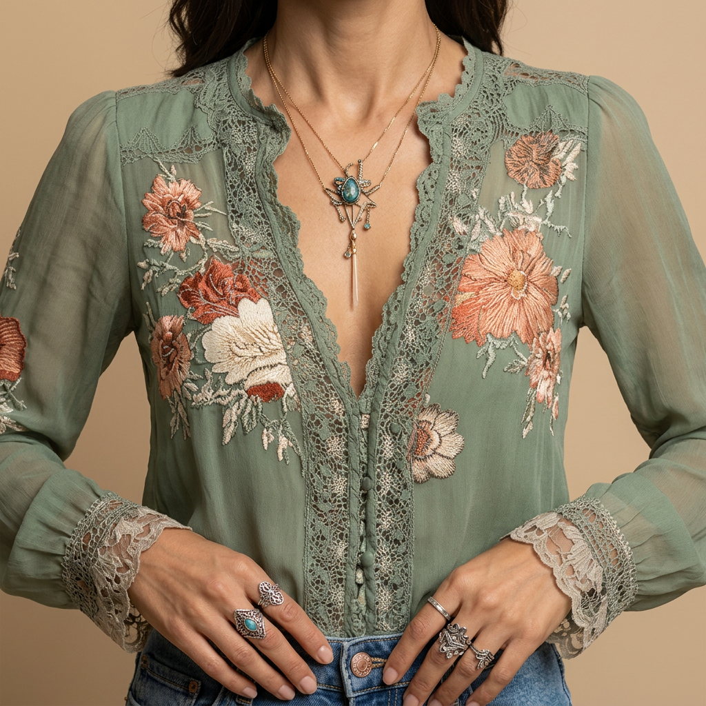 Blusa Mujer Bordada Encaje Floral Estilo Boho
