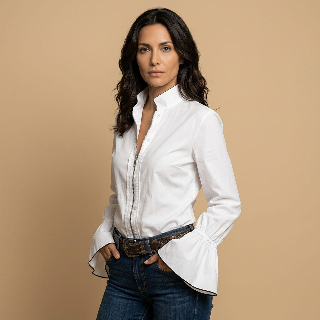 Blusa Mujer Cremallera Frontal Cuello Volante Puños Campana