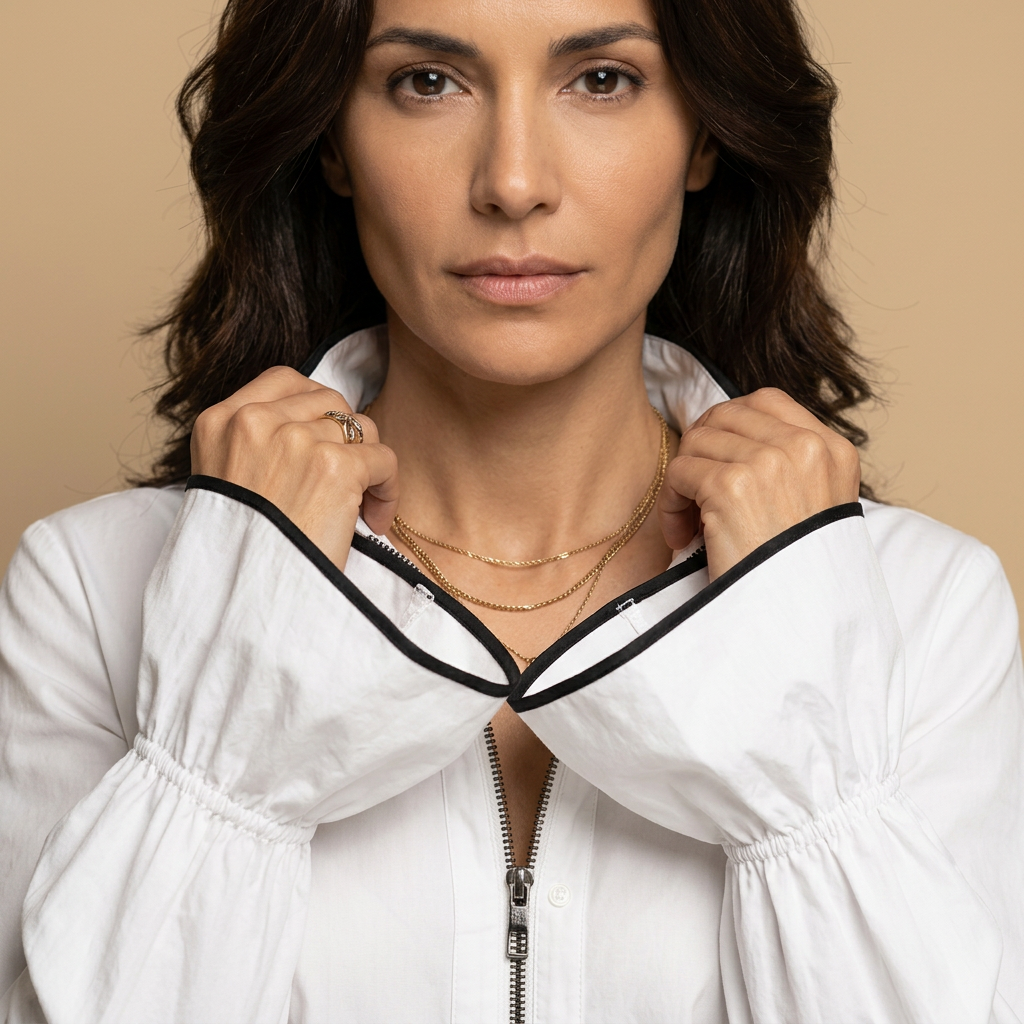 Blusa Mujer Cremallera Frontal Cuello Volante Puños Campana