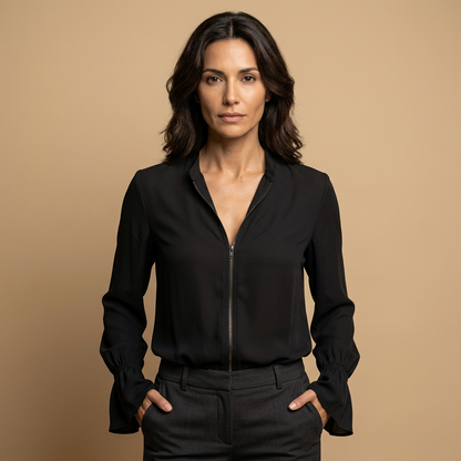 Blusa Mujer Cremallera Frontal Cuello Volante Puños Campana