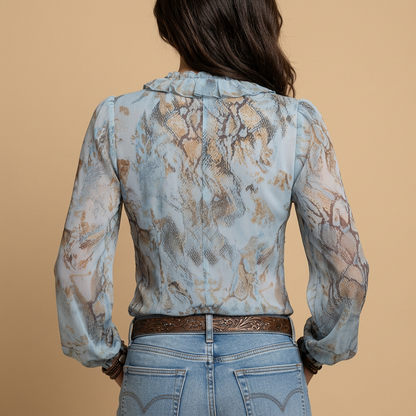 Blusa Mujer de Chifón Estampado Volante Frontal Cremallera