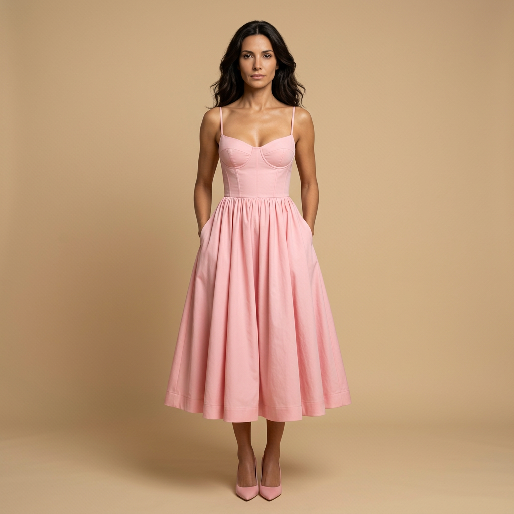 Vestido Midi Mujer Corset Tirantes Finos Falda Vuelo Bolsillos - Mavetta