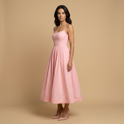 Vestido Midi Mujer Corset Tirantes Finos Falda Vuelo Bolsillos