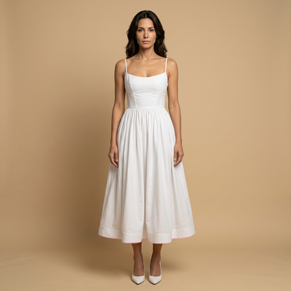 Vestido Midi Mujer Corset Tirantes Finos Falda Vuelo Bolsillos