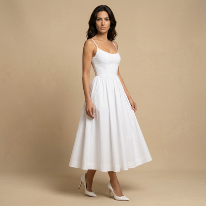 Vestido Midi Mujer Corset Tirantes Finos Falda Vuelo Bolsillos