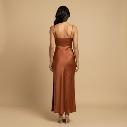 Vestido Largo Mujer de Satén Escote Cuadrado Drapeado Abertura