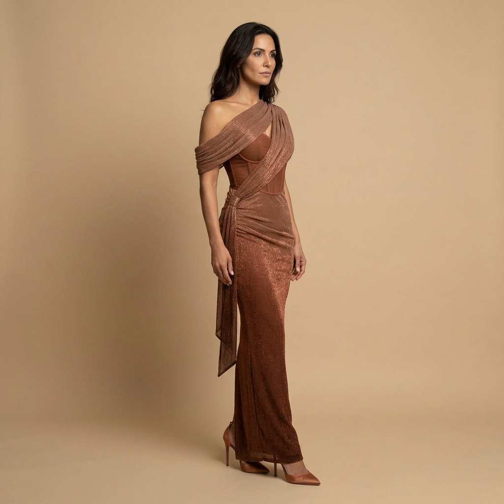 Vestido Largo Mujer de Lurex Un Hombro Corset Drapeado Cola