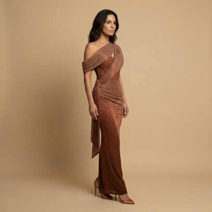 Vestido Largo Mujer de Lurex Un Hombro Corset Drapeado Cola