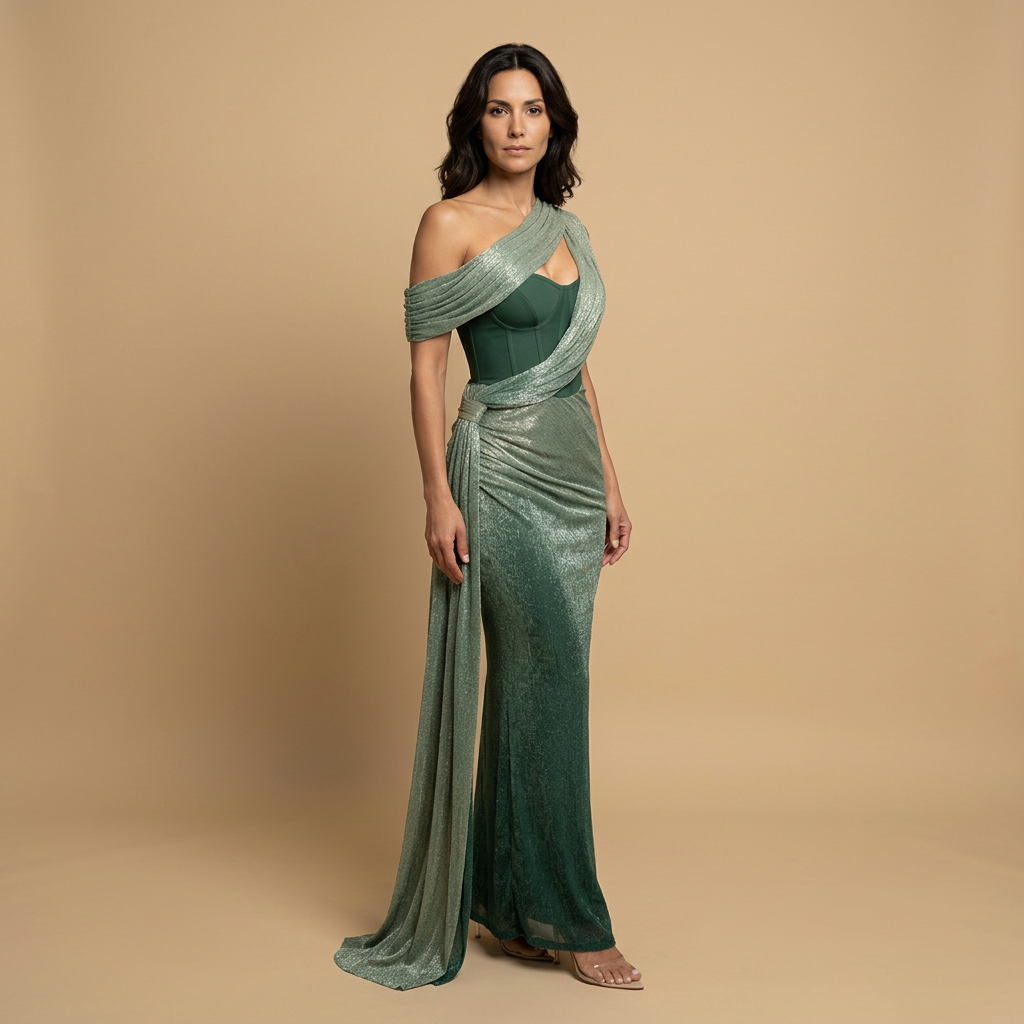 Vestido Largo Mujer de Lurex Un Hombro Corset Drapeado Cola