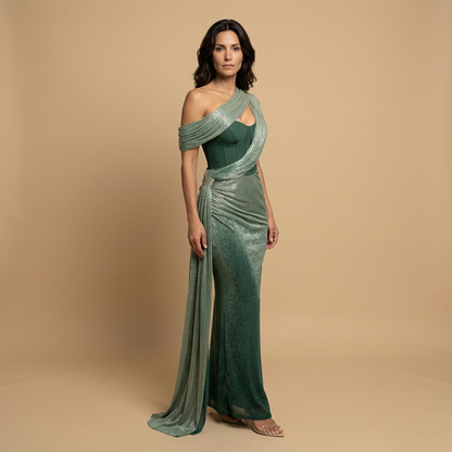 Vestido Largo Mujer de Lurex Un Hombro Corset Drapeado Cola