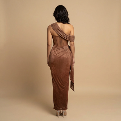 Vestido Largo Mujer de Lurex Un Hombro Corset Drapeado Cola