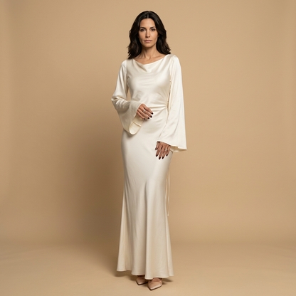 Vestido Largo Mujer de Satén Manga Ángel Escote Cowl - Mavetta