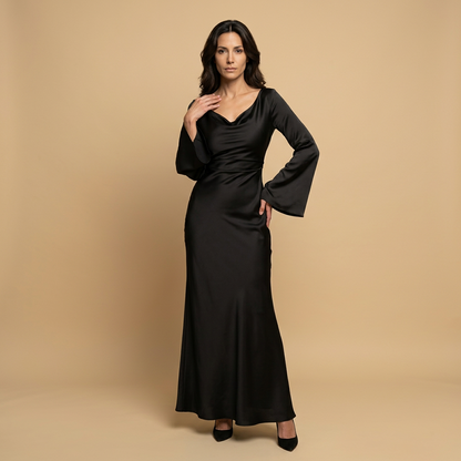 Vestido Largo Mujer de Satén Manga Ángel Escote Cowl