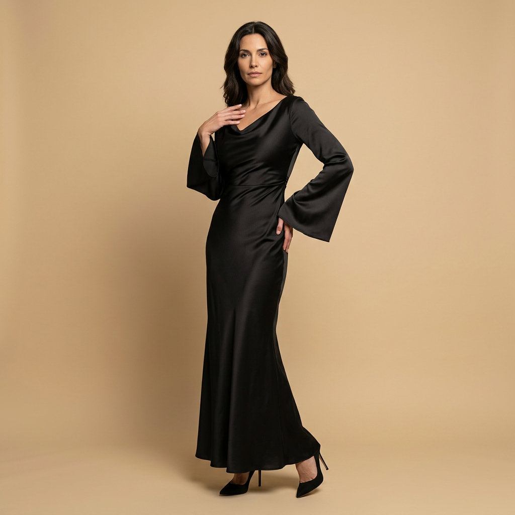 Vestido Largo Mujer de Satén Manga Ángel Escote Cowl