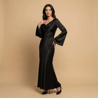 Vestido Largo Mujer de Satén Manga Ángel Escote Cowl