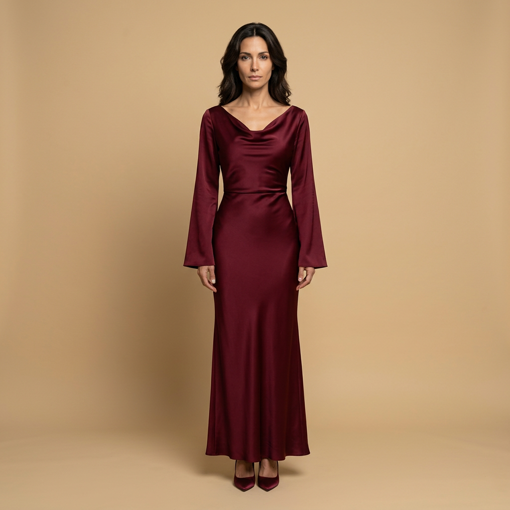 Vestido Largo Mujer de Satén Manga Ángel Escote Cowl