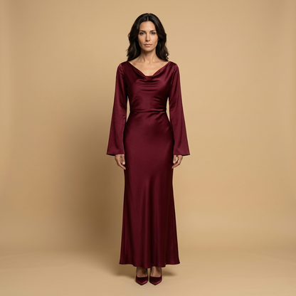 Vestido Largo Mujer de Satén Manga Ángel Escote Cowl