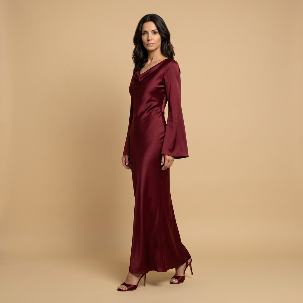 Vestido Largo Mujer de Satén Manga Ángel Escote Cowl