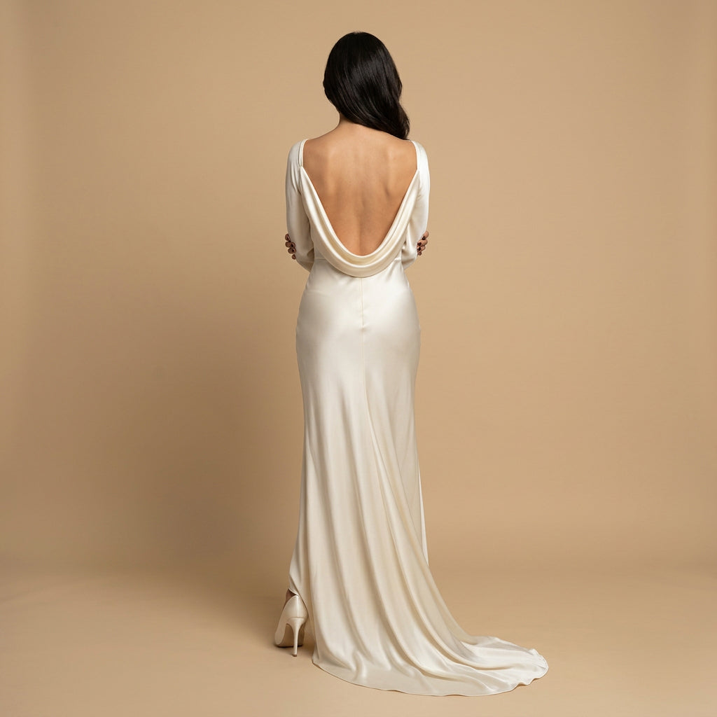 Vestido Largo Mujer de Satén Manga Ángel Escote Cowl