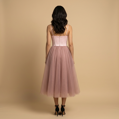Vestido Midi Mujer Bustier Corset Tul Volumen
