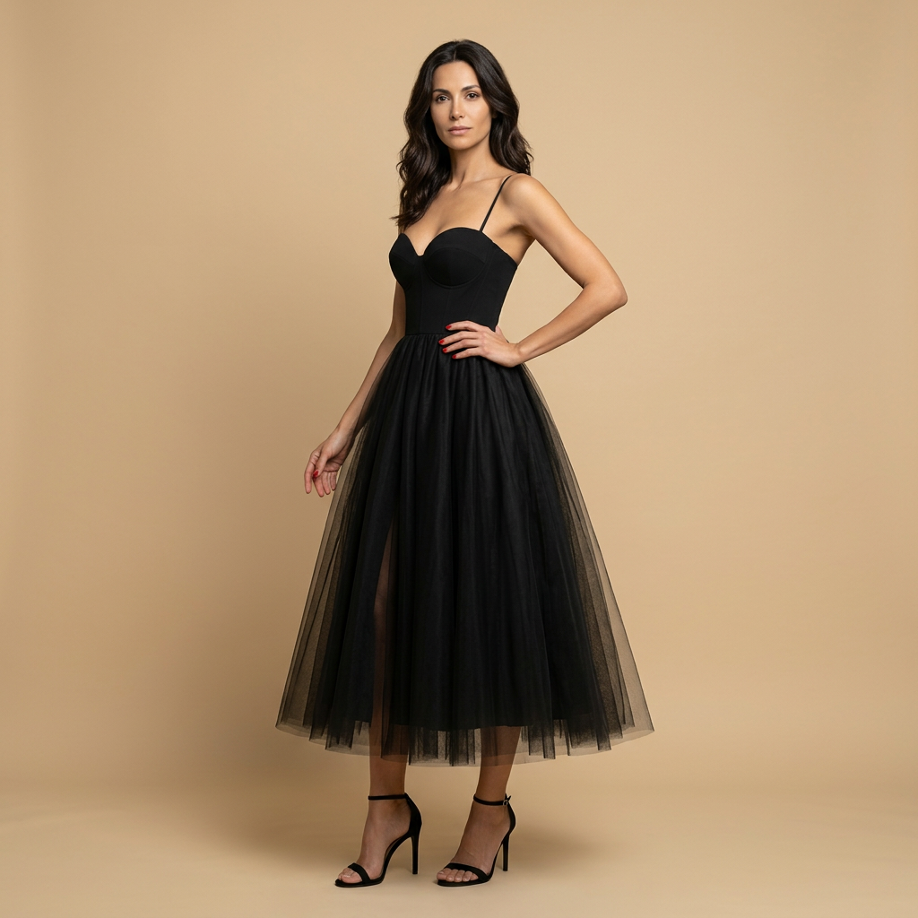 Vestido Midi Mujer Bustier Corset Tul Volumen