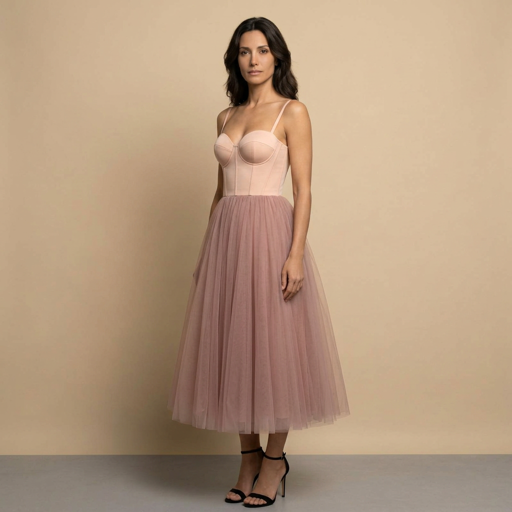 Vestido Midi Mujer Bustier Corset Tul Volumen
