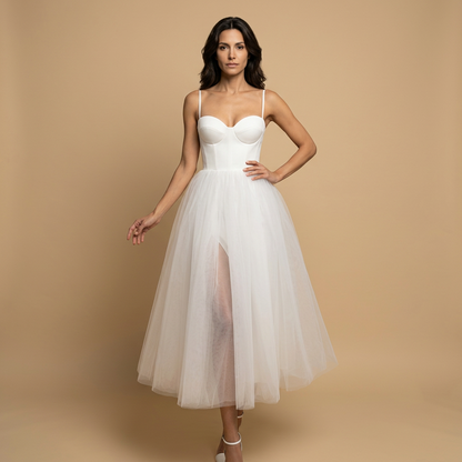 Vestido Midi Mujer Bustier Corset Tul Volumen