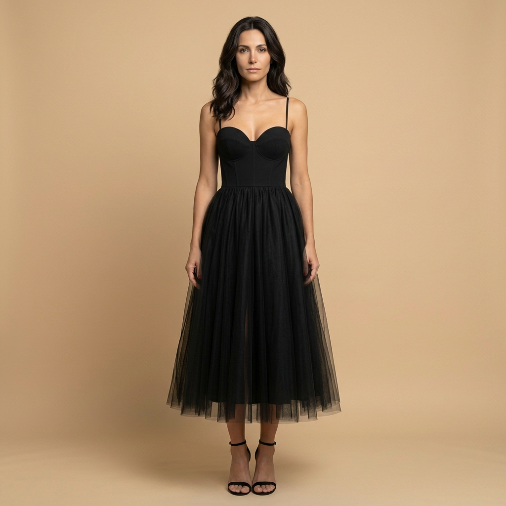 Vestido Midi Mujer Bustier Corset Tul Volumen