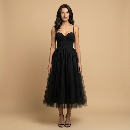 Vestido Midi Mujer Bustier Corset Tul Volumen