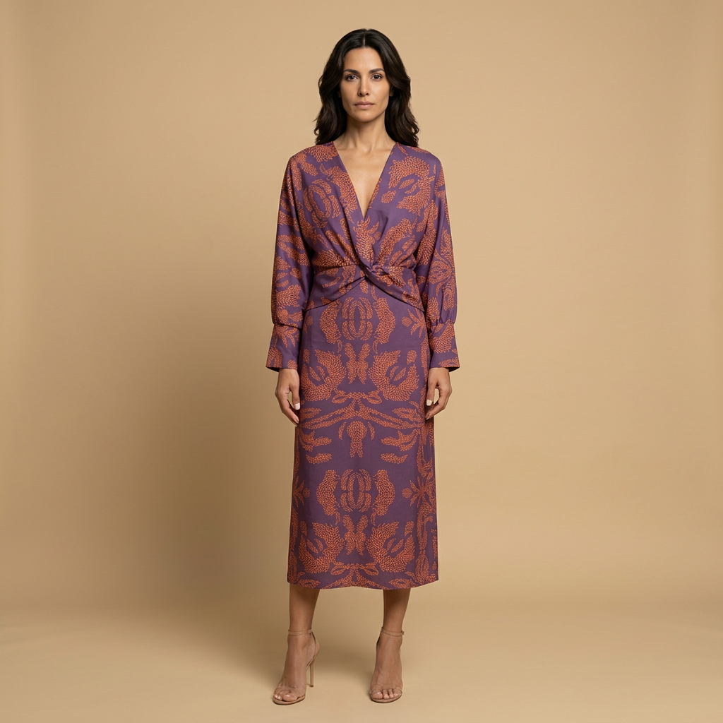 Vestido Midi Mujer de Satén Nudo Frontal Manga Larga