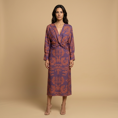 Vestido Midi Mujer de Satén Nudo Frontal Manga Larga