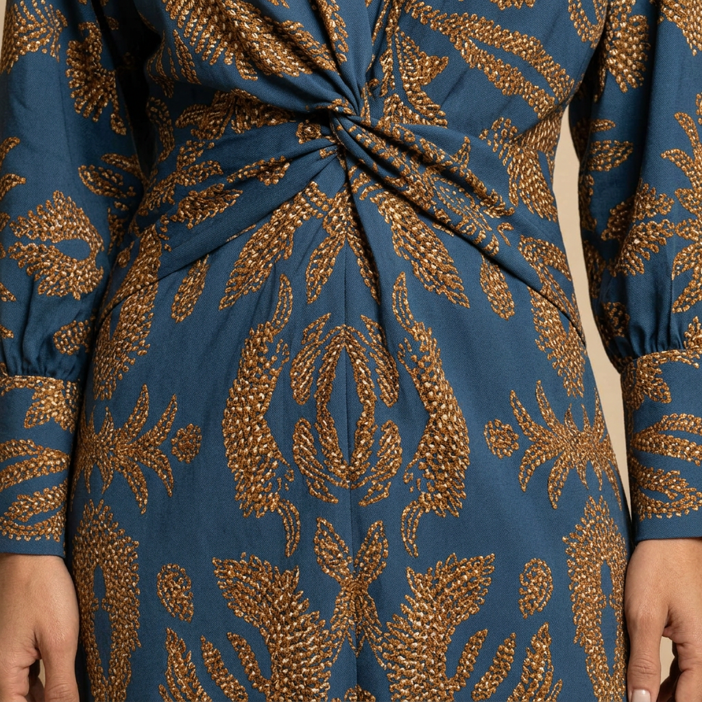 Vestido Midi Mujer de Satén Nudo Frontal Manga Larga