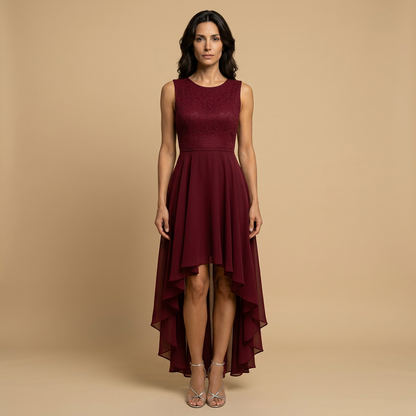 Vestido Midi Mujer de Encaje y Chifón Asimétrico - Mavetta