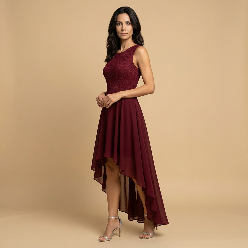 Vestido Midi Mujer de Encaje y Chifón Asimétrico