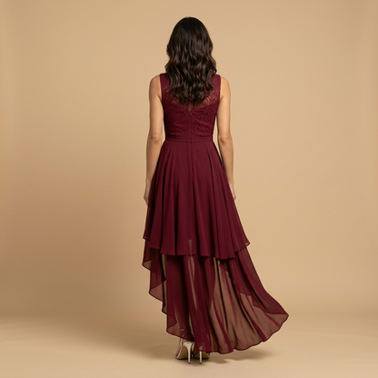 Vestido Midi Mujer de Encaje y Chifón Asimétrico