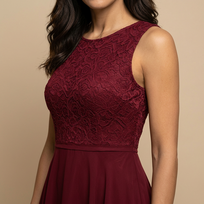 Vestido Midi Mujer de Encaje y Chifón Asimétrico