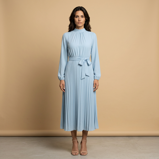 Vestido Midi Mujer Plisado Cuello Alto Manga Larga - Mavetta