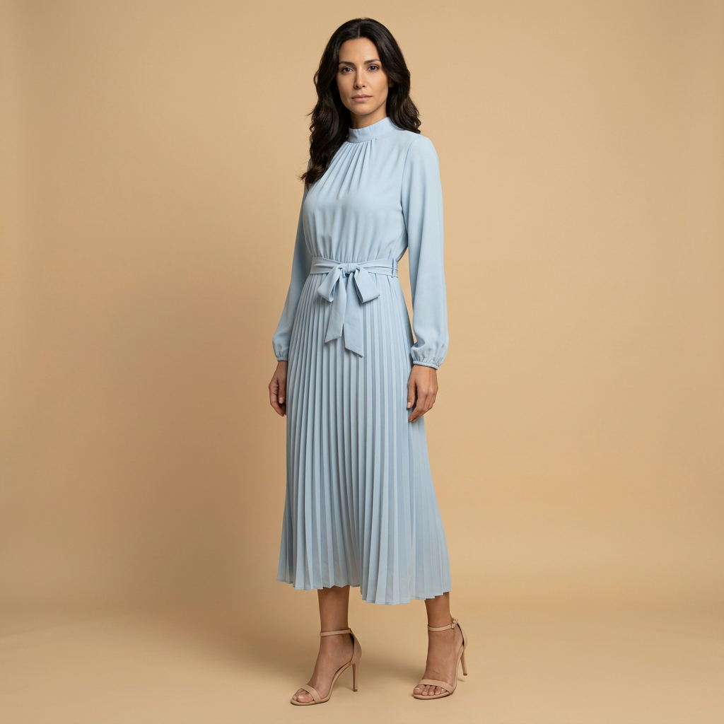 Vestido Midi Mujer Plisado Cuello Alto Manga Larga