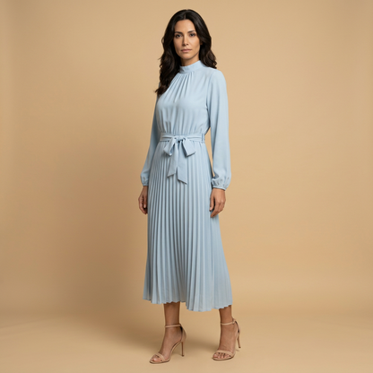 Vestido Midi Mujer Plisado Cuello Alto Manga Larga