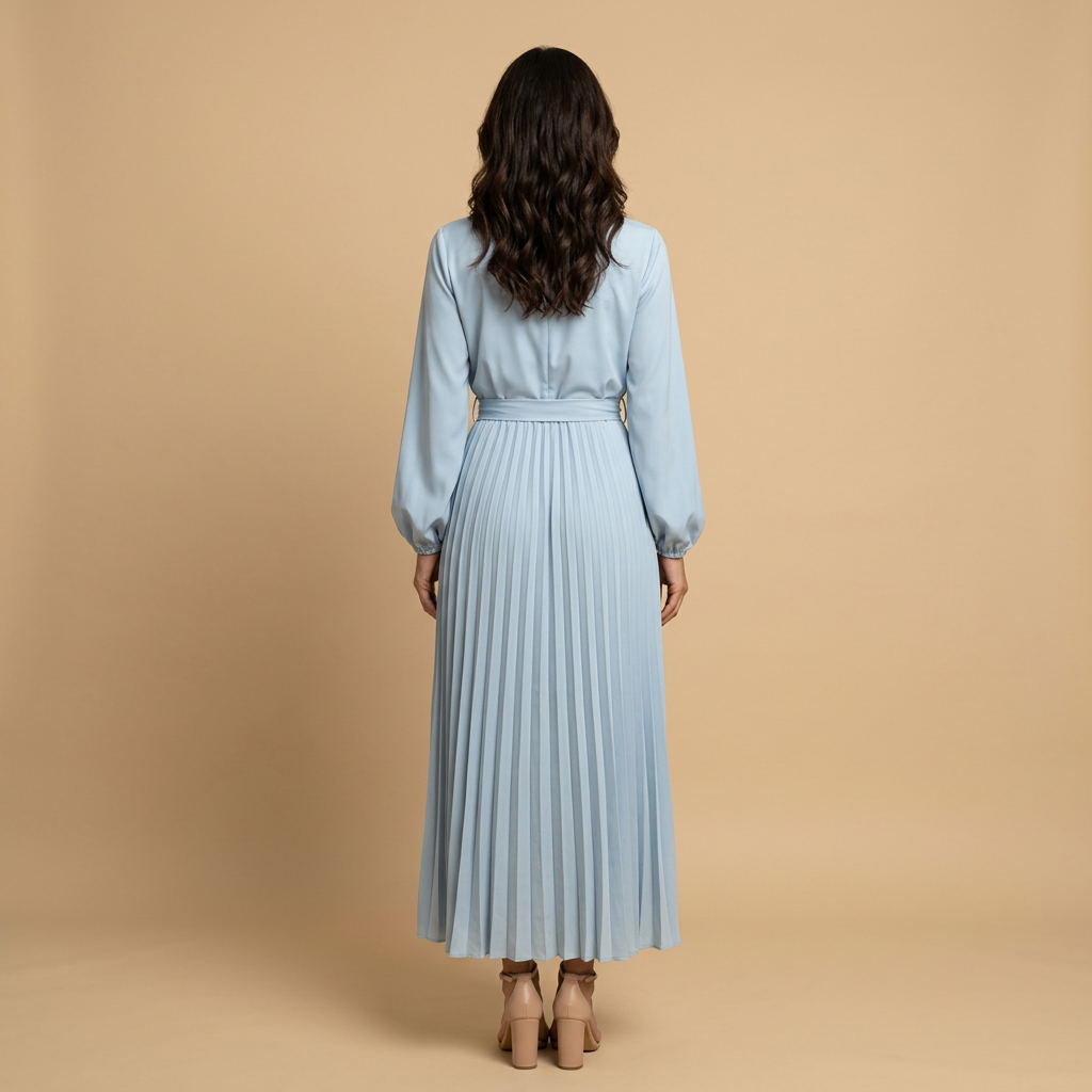 Vestido Midi Mujer Plisado Cuello Alto Manga Larga