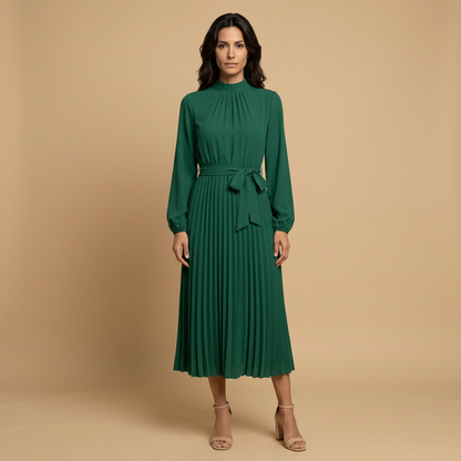 Vestido Midi Mujer Plisado Cuello Alto Manga Larga