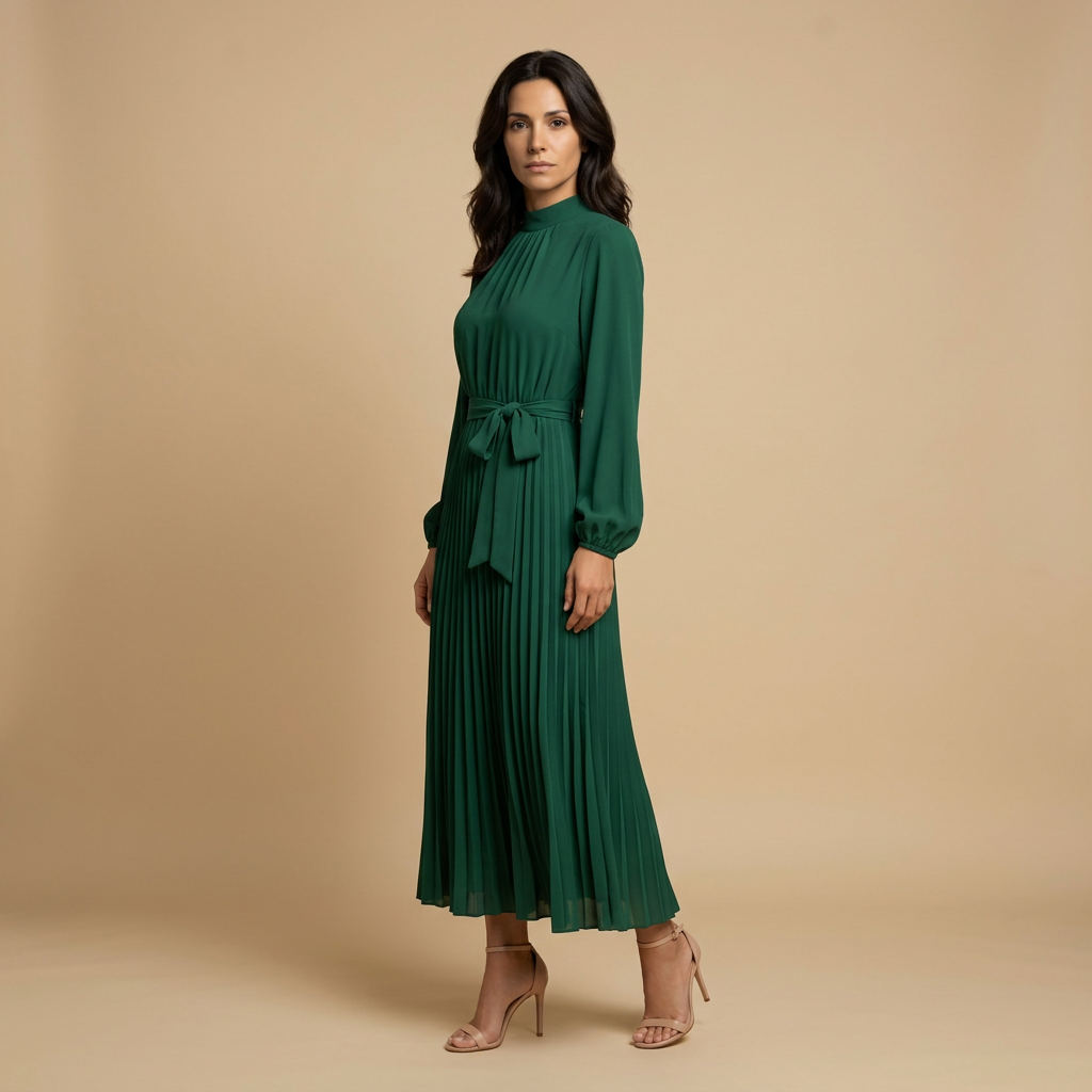 Vestido Midi Mujer Plisado Cuello Alto Manga Larga