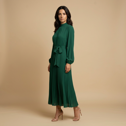 Vestido Midi Mujer Plisado Cuello Alto Manga Larga