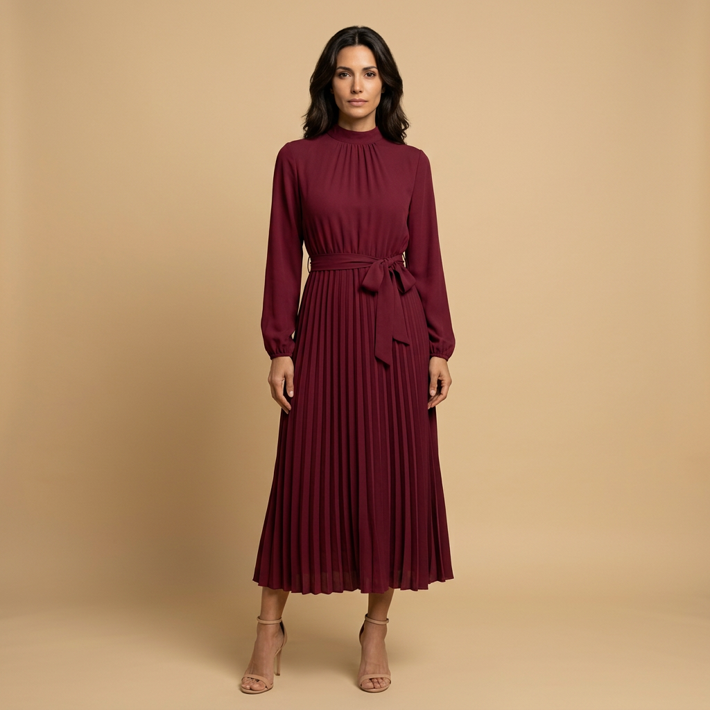 Vestido Midi Mujer Plisado Cuello Alto Manga Larga