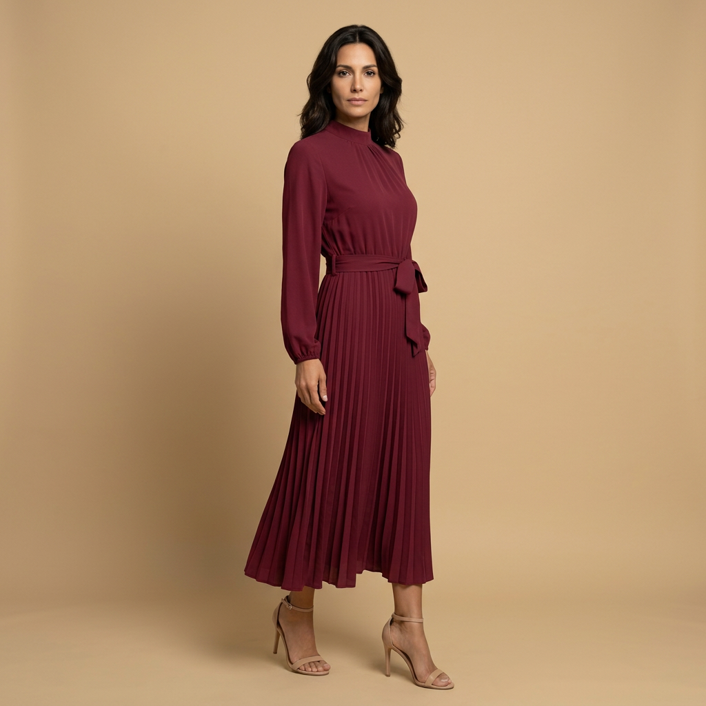 Vestido Midi Mujer Plisado Cuello Alto Manga Larga