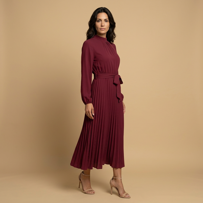 Vestido Midi Mujer Plisado Cuello Alto Manga Larga