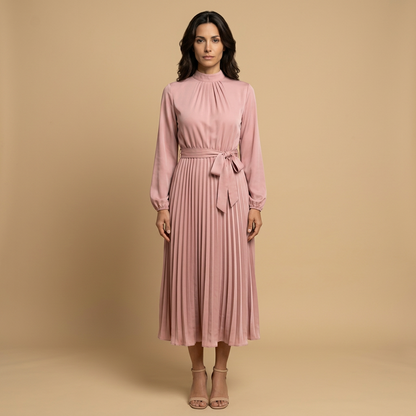 Vestido Midi Mujer Plisado Cuello Alto Manga Larga