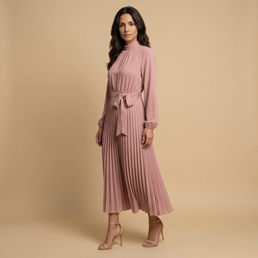 Vestido Midi Mujer Plisado Cuello Alto Manga Larga