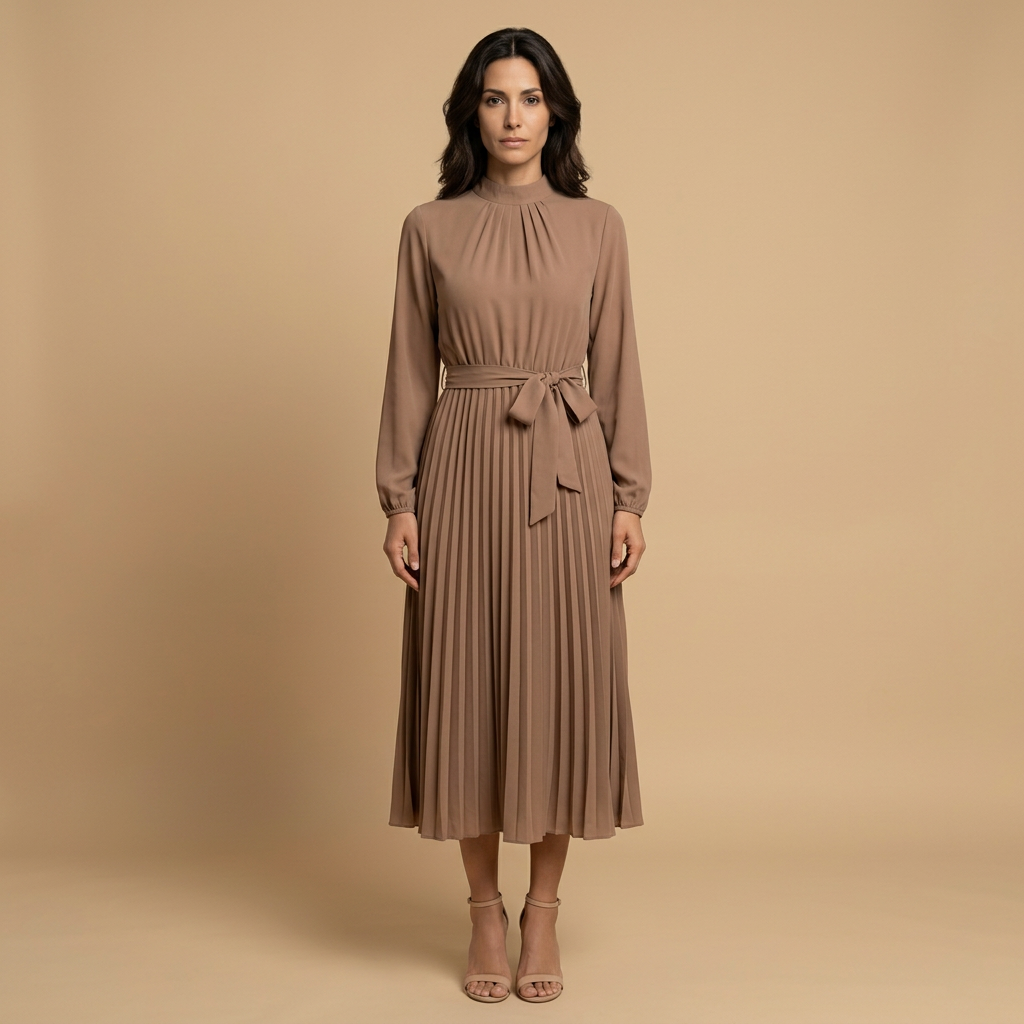 Vestido Midi Mujer Plisado Cuello Alto Manga Larga