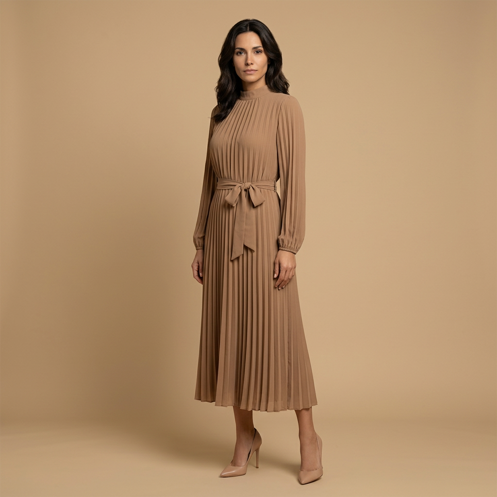 Vestido Midi Mujer Plisado Cuello Alto Manga Larga